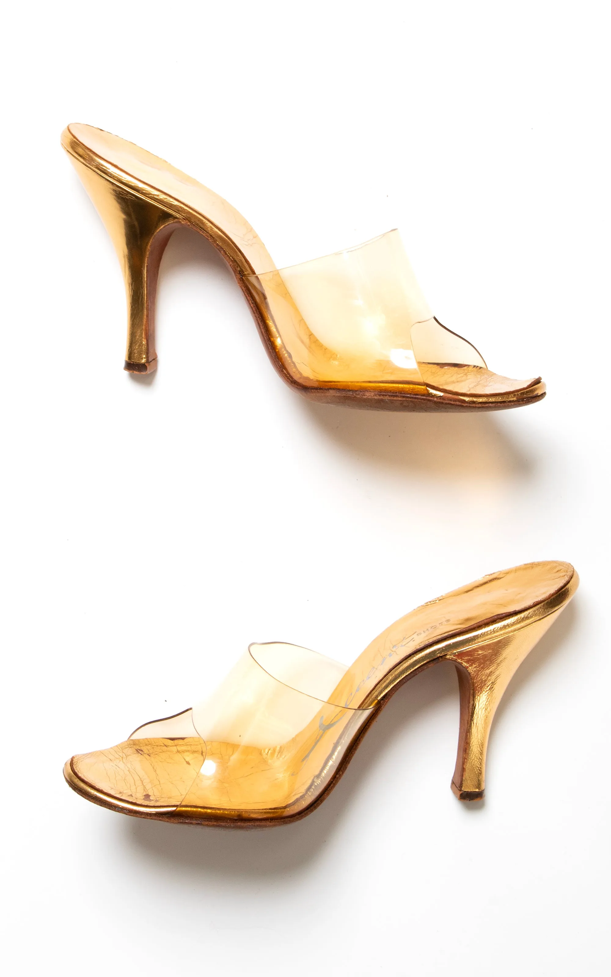 1950s 1960s Clear Vinyl & Gold Stiletto Mules | size US 6