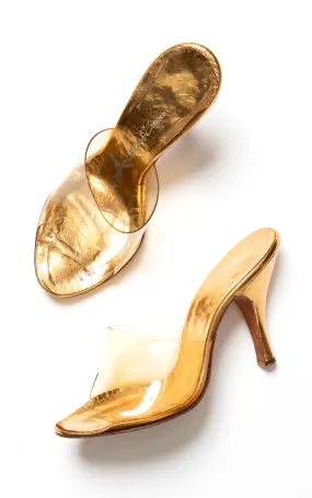 1950s 1960s Clear Vinyl & Gold Stiletto Mules | size US 6