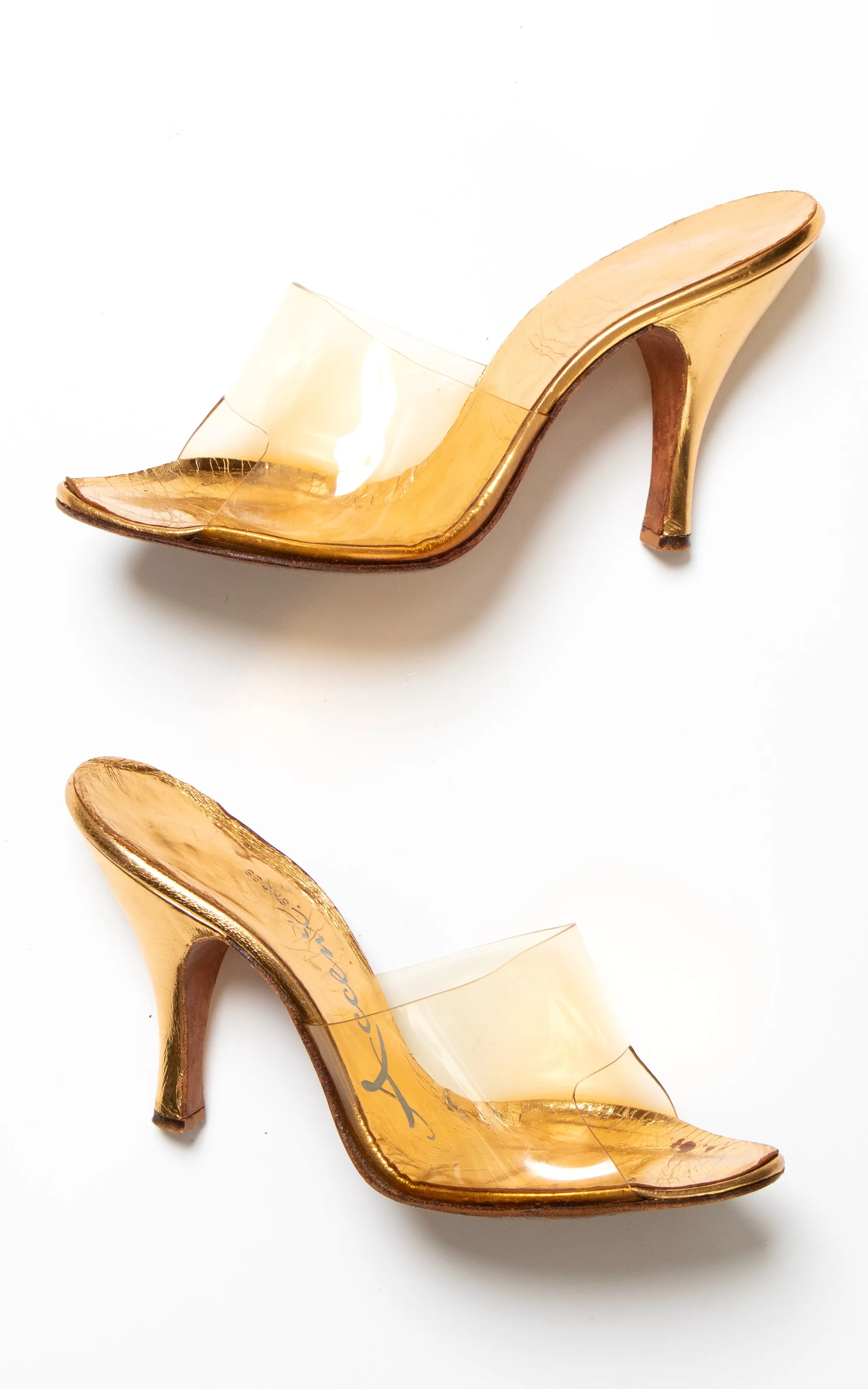 1950s 1960s Clear Vinyl & Gold Stiletto Mules | size US 6