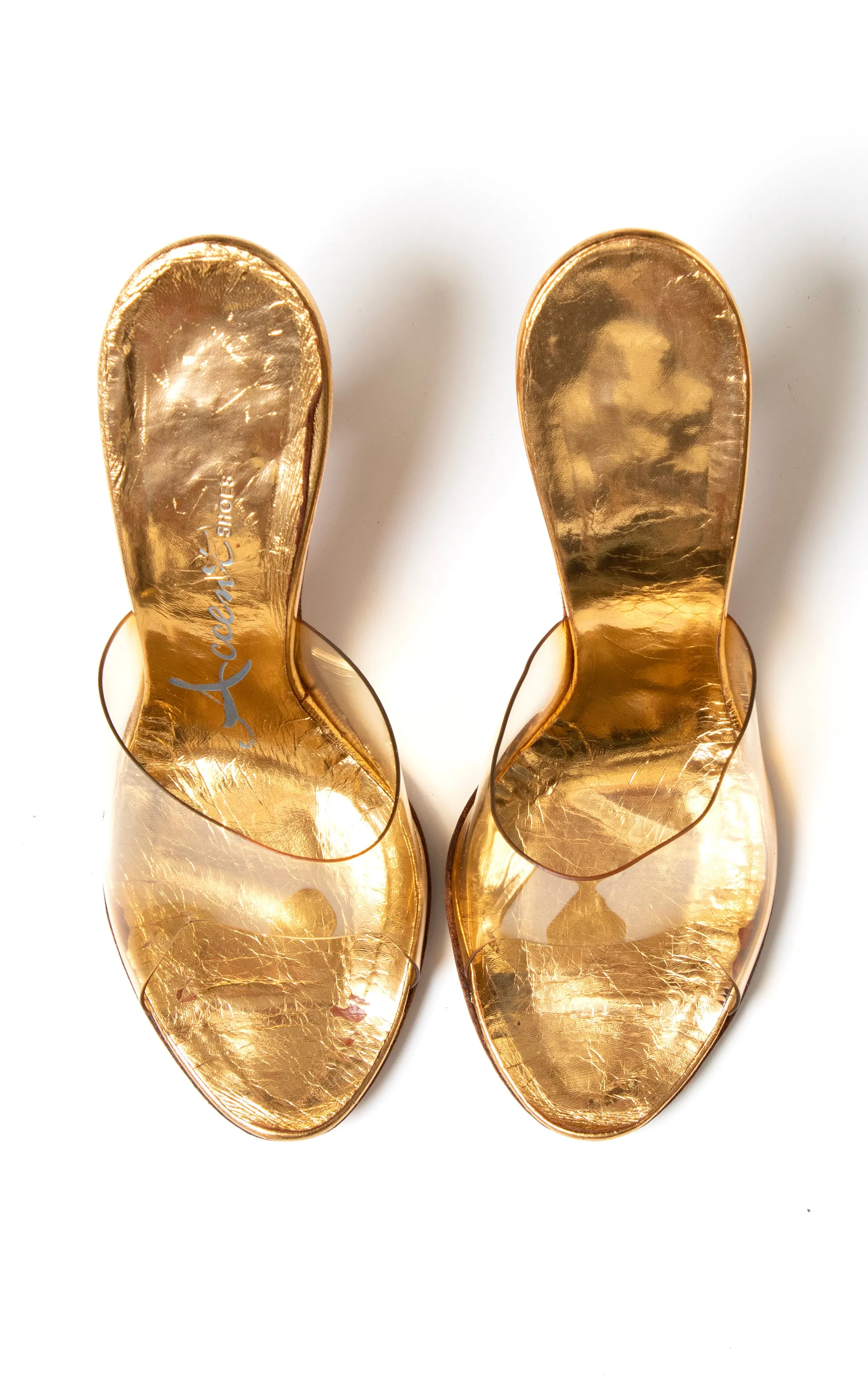 1950s 1960s Clear Vinyl & Gold Stiletto Mules | size US 6