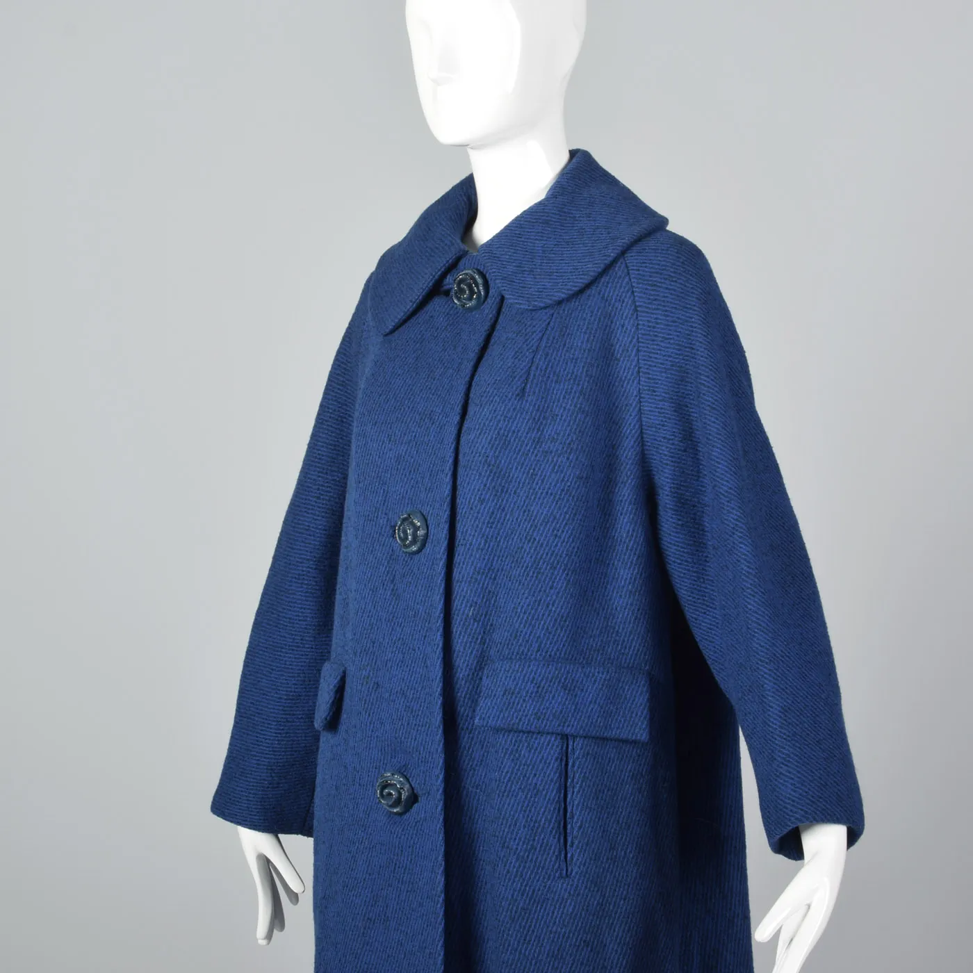 1950s Blue Tweed Coat with Decorative Floral Buttons