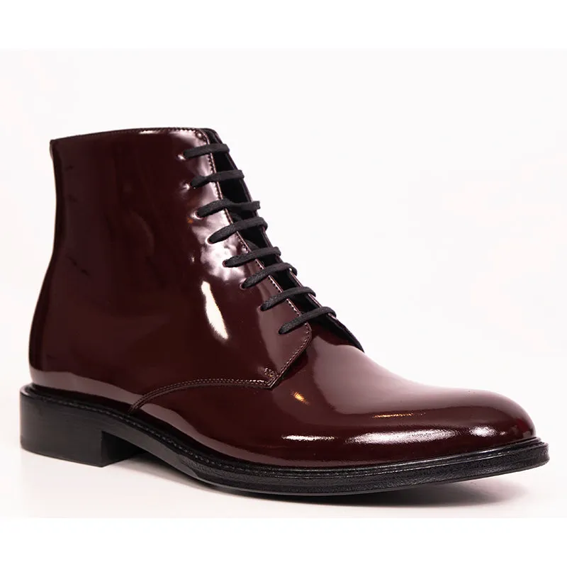 45.5 US 12.5 NEW $995 SAINT LAURENT Mens Red SHINY LEATHER ARMY 20 Lace up BOOTS