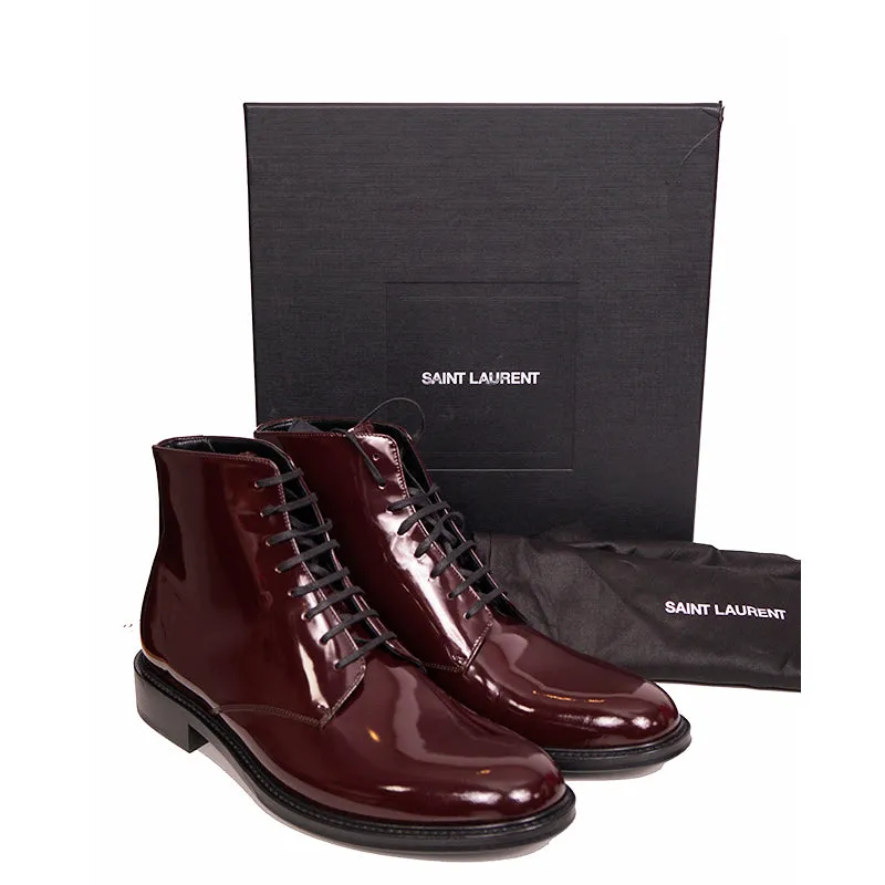 45.5 US 12.5 NEW $995 SAINT LAURENT Mens Red SHINY LEATHER ARMY 20 Lace up BOOTS