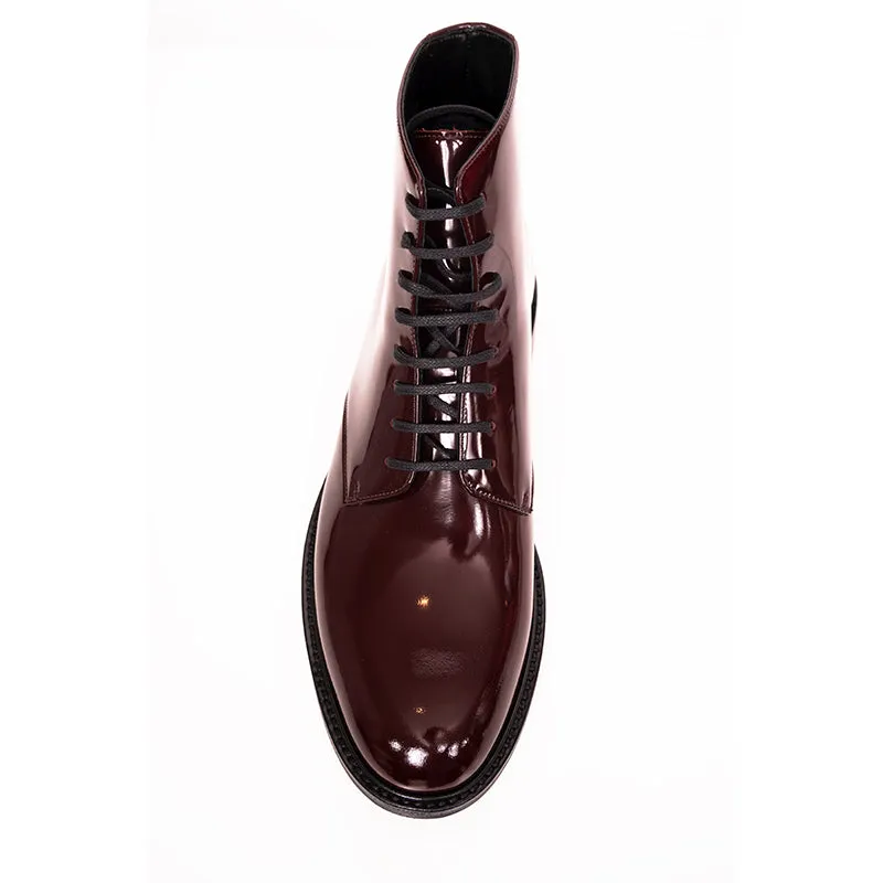 45.5 US 12.5 NEW $995 SAINT LAURENT Mens Red SHINY LEATHER ARMY 20 Lace up BOOTS