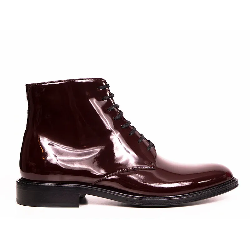 45.5 US 12.5 NEW $995 SAINT LAURENT Mens Red SHINY LEATHER ARMY 20 Lace up BOOTS