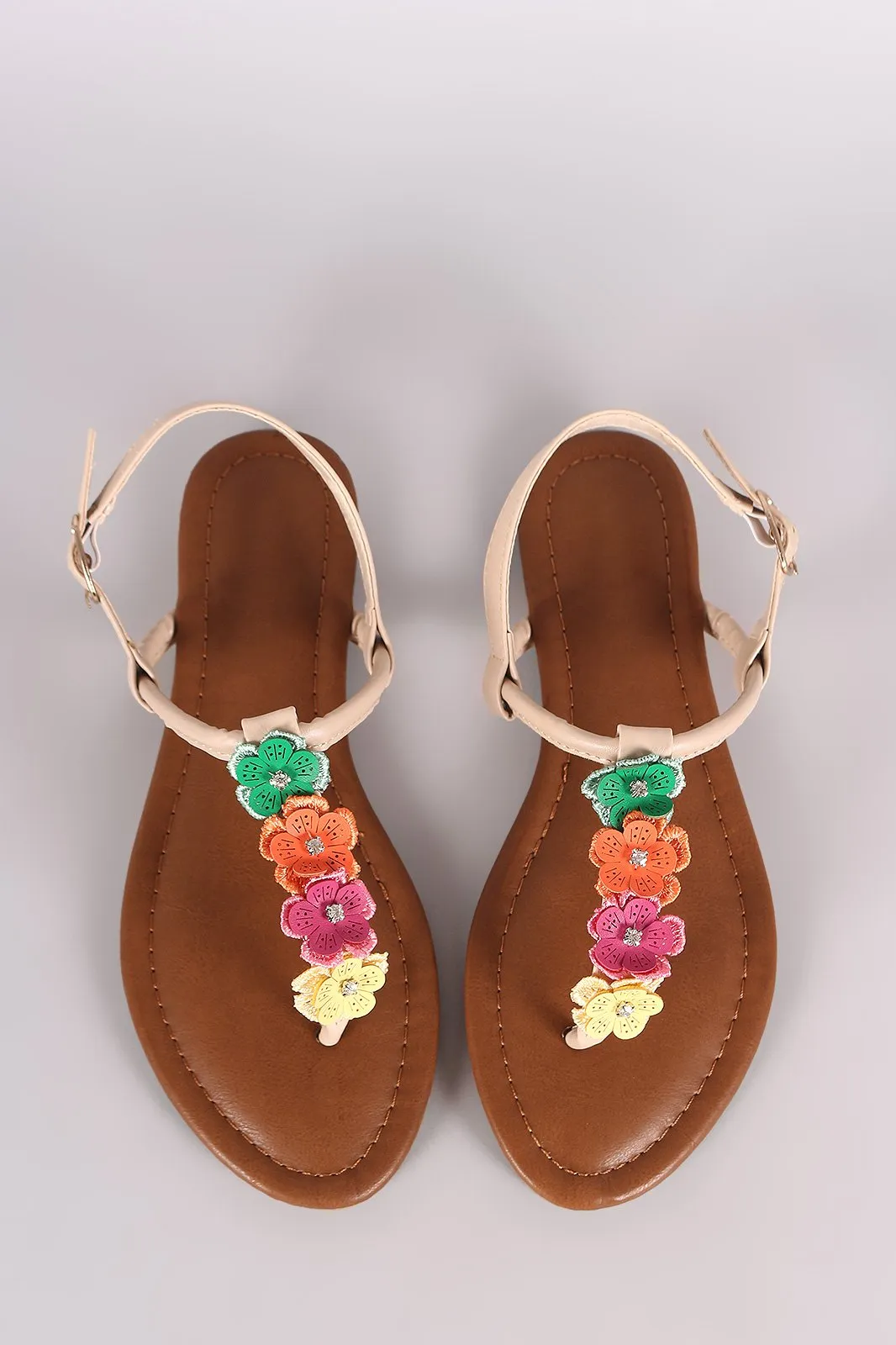 Bamboo Floral Rhinestone T-Strap Thong Flat Sandal