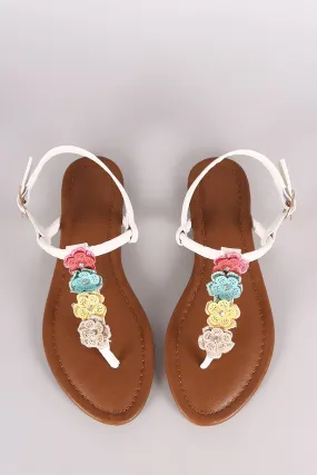 Bamboo Floral Rhinestone T-Strap Thong Flat Sandal