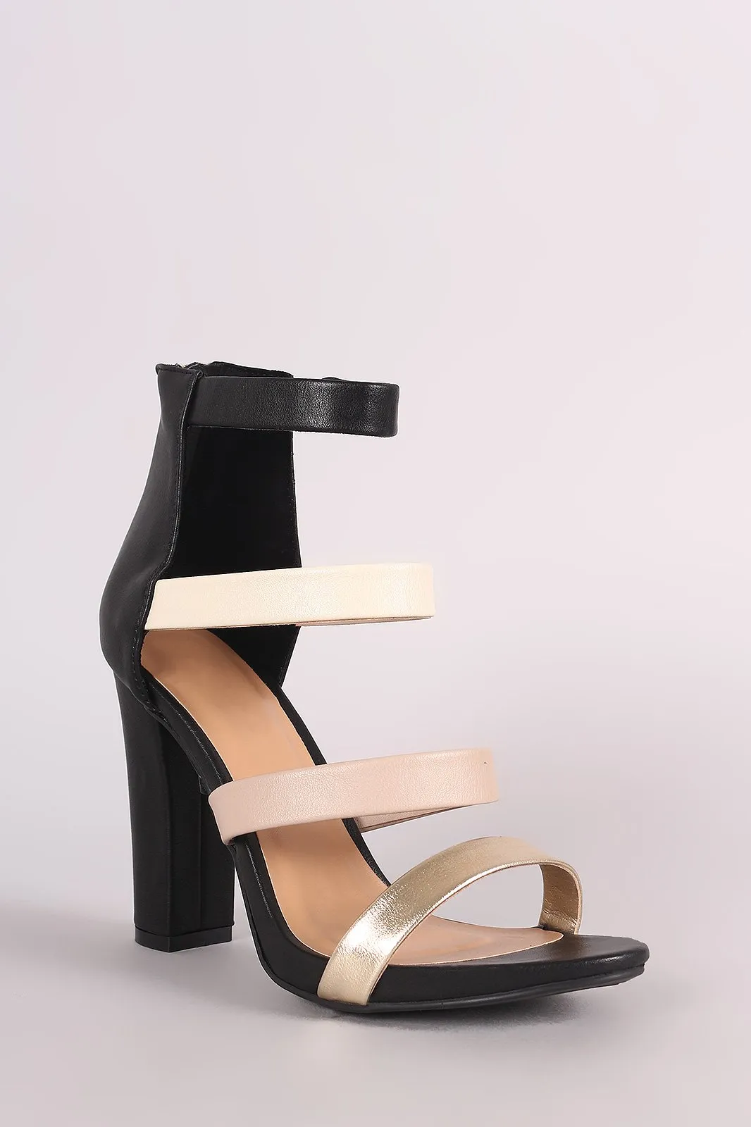 Bamboo Metallic Strappy Open Toe Chunky Heel