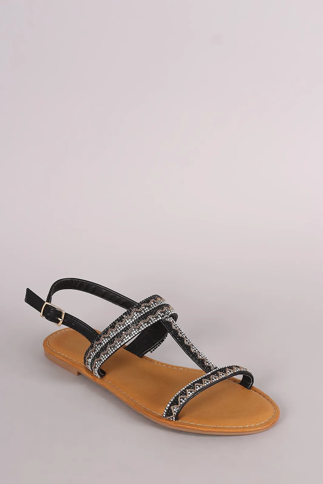 Bamboo Rhinestone Accent T-Strap Slingback Flat Sandal