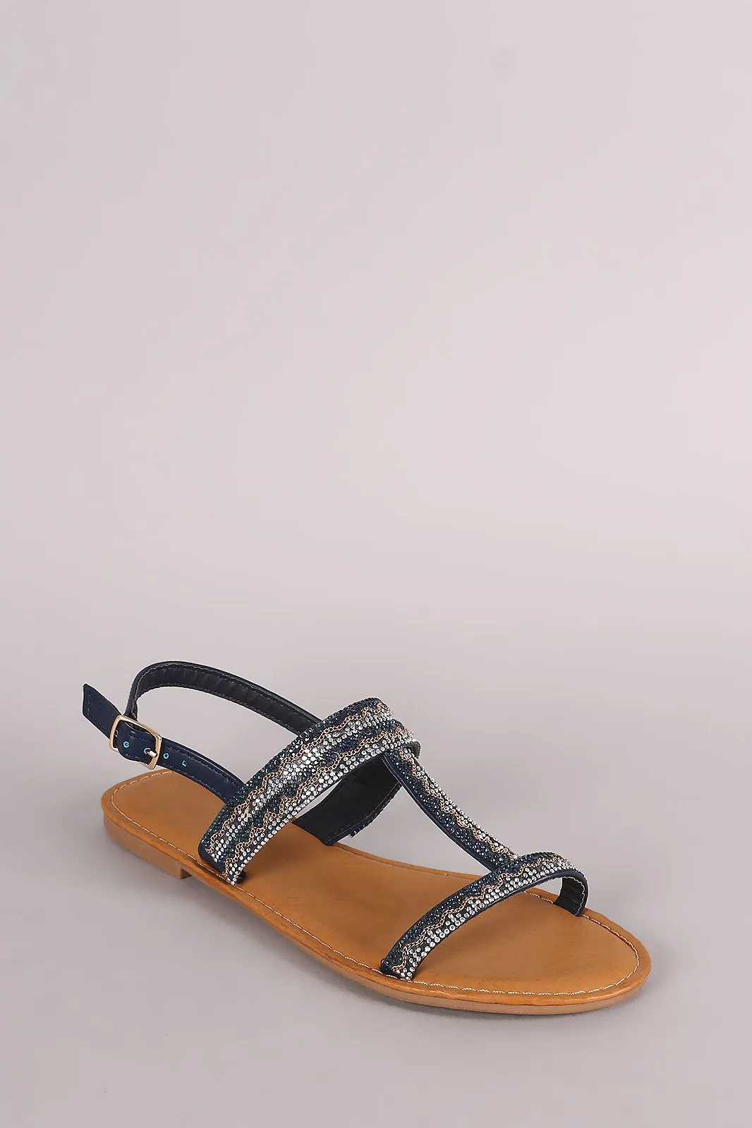 Bamboo Rhinestone Accent T-Strap Slingback Flat Sandal