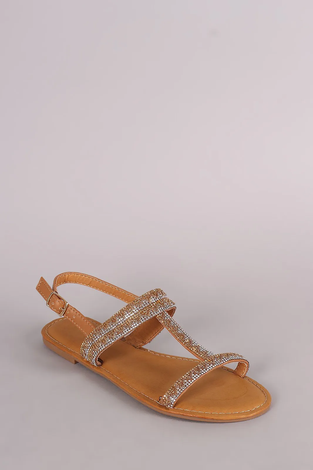 Bamboo Rhinestone Accent T-Strap Slingback Flat Sandal