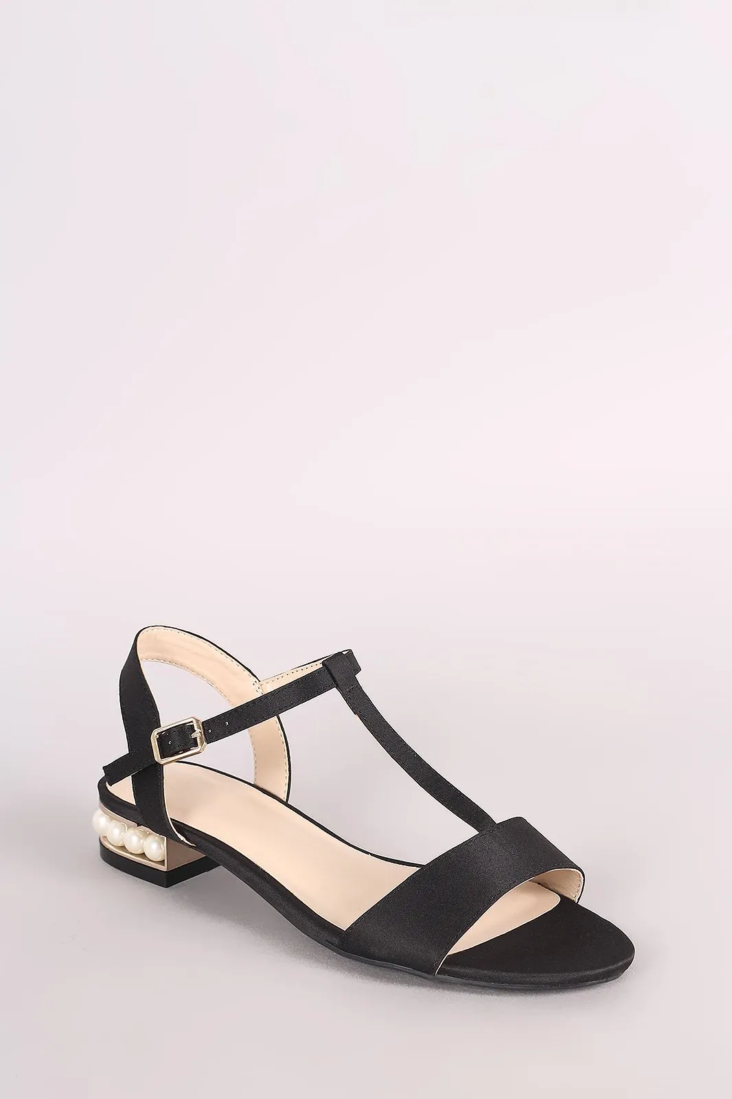 Bamboo Satin T-Strap Faux Pearl Heel Sandal