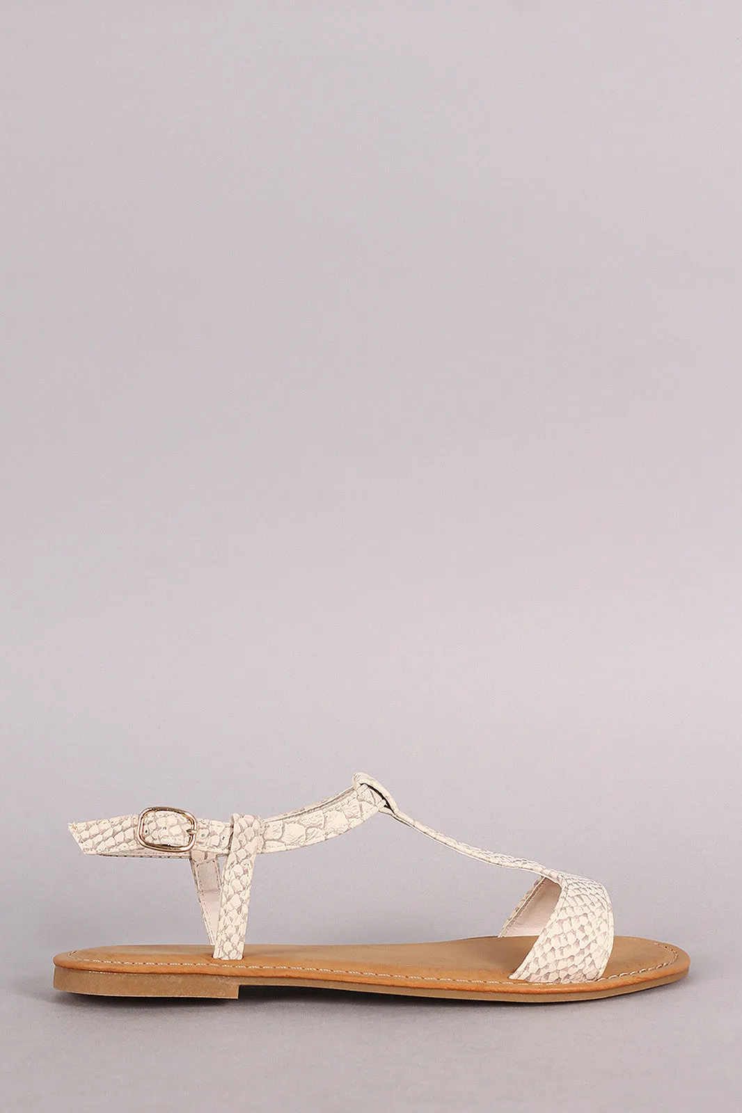 Bamboo Snake Embossed T-Strap Open Toe Flat Sandal