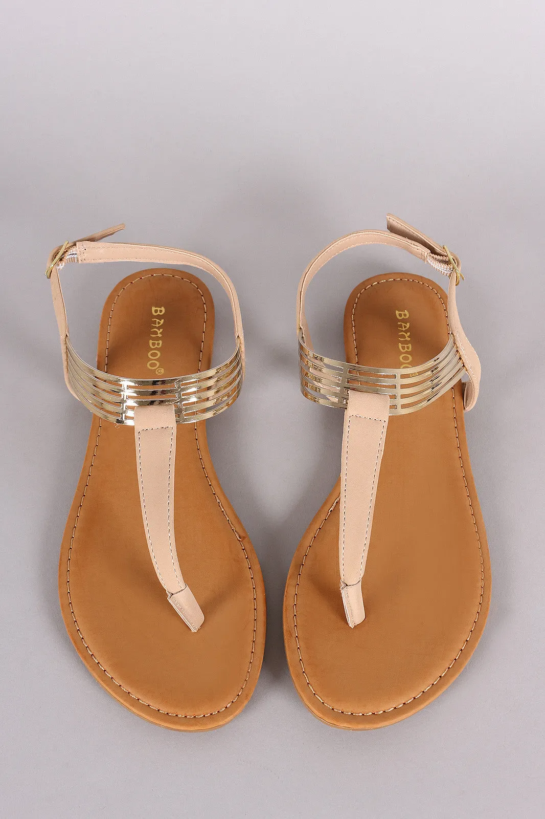 Bamboo T Strap Cuff Flat Sandal