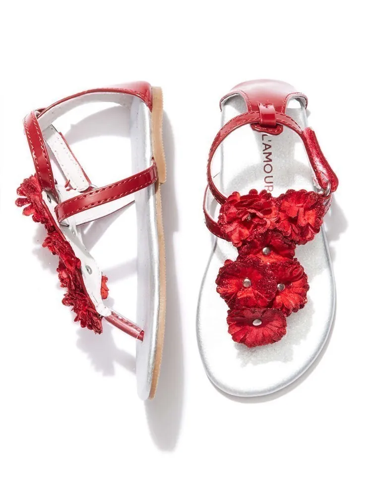 Big Girls Red Flower Array T-Strap Summer Sandals 11-4 Kids