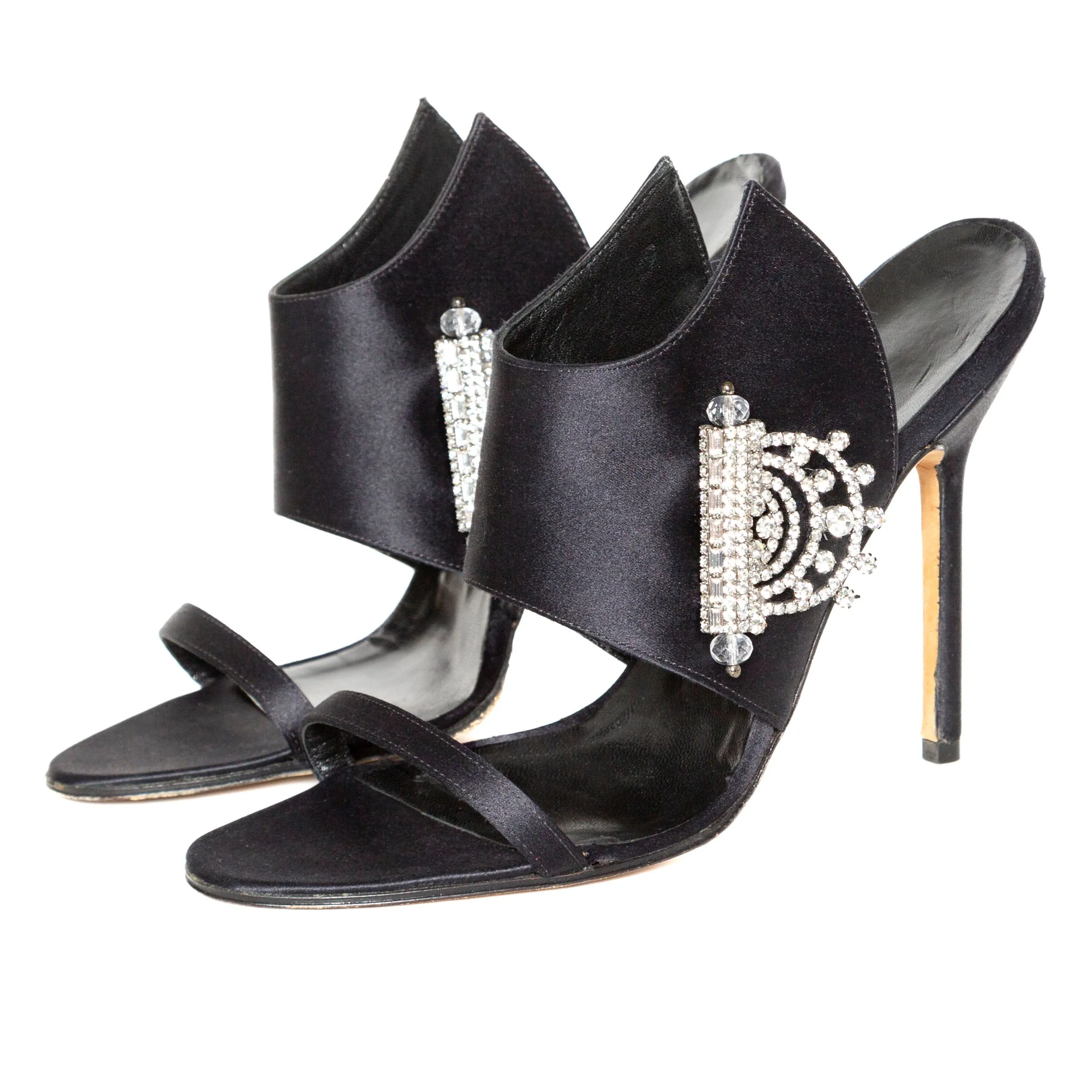 Black Satin and Crystal Embellished Sandals 37