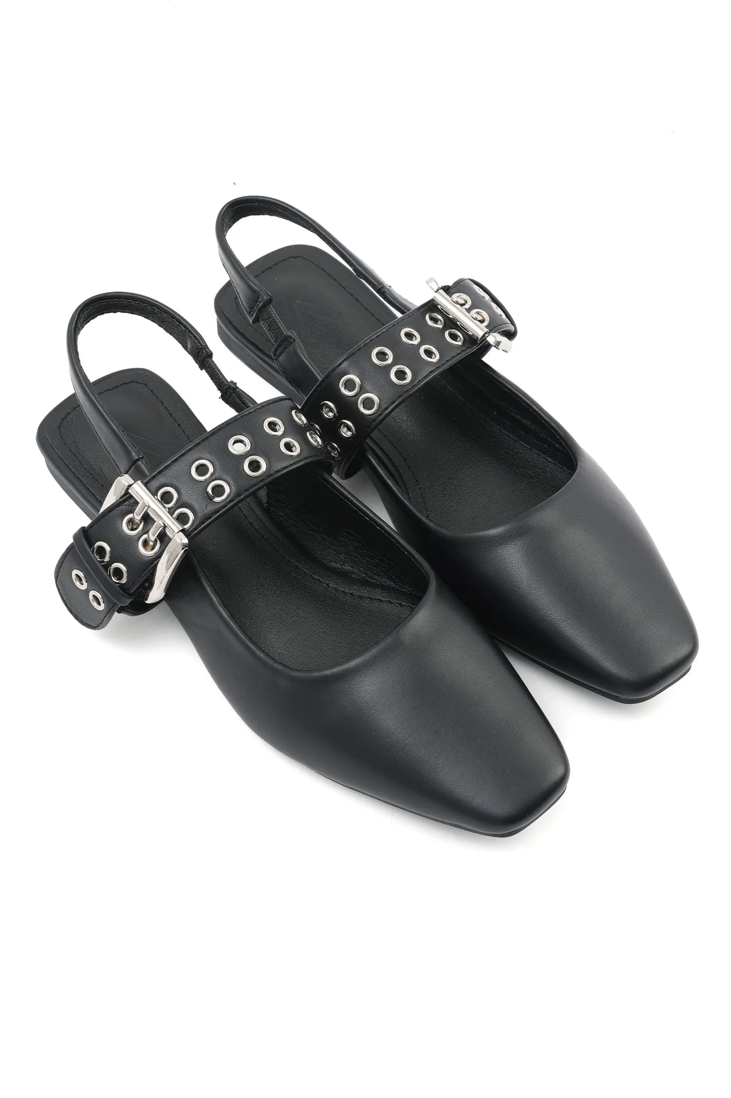 BUCKLED SLINGBACK FLATS-BLACK