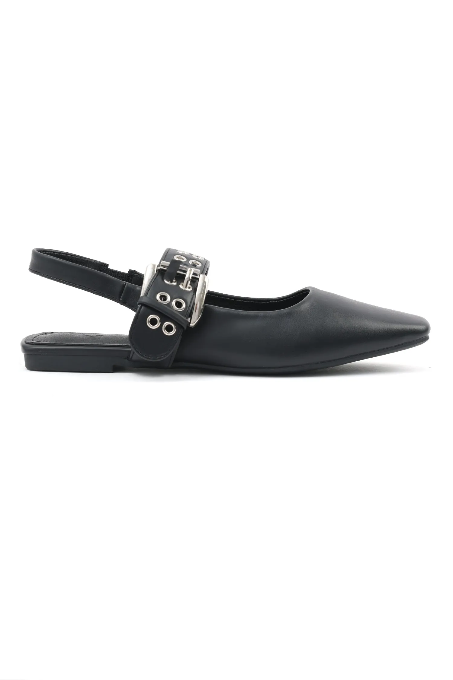 BUCKLED SLINGBACK FLATS-BLACK