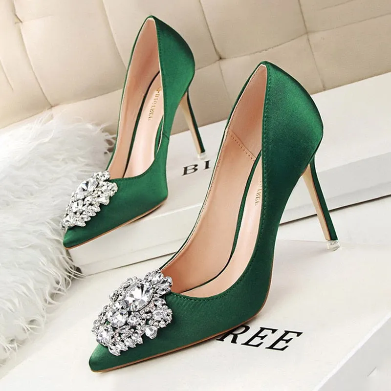 Crystal Embellished Satin Heels