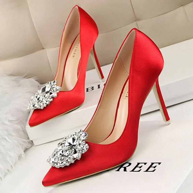 Crystal Embellished Satin Heels