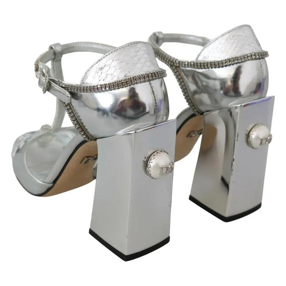 Dolce & Gabbana Silver Crystals T-strap Sandals Leather Shoes