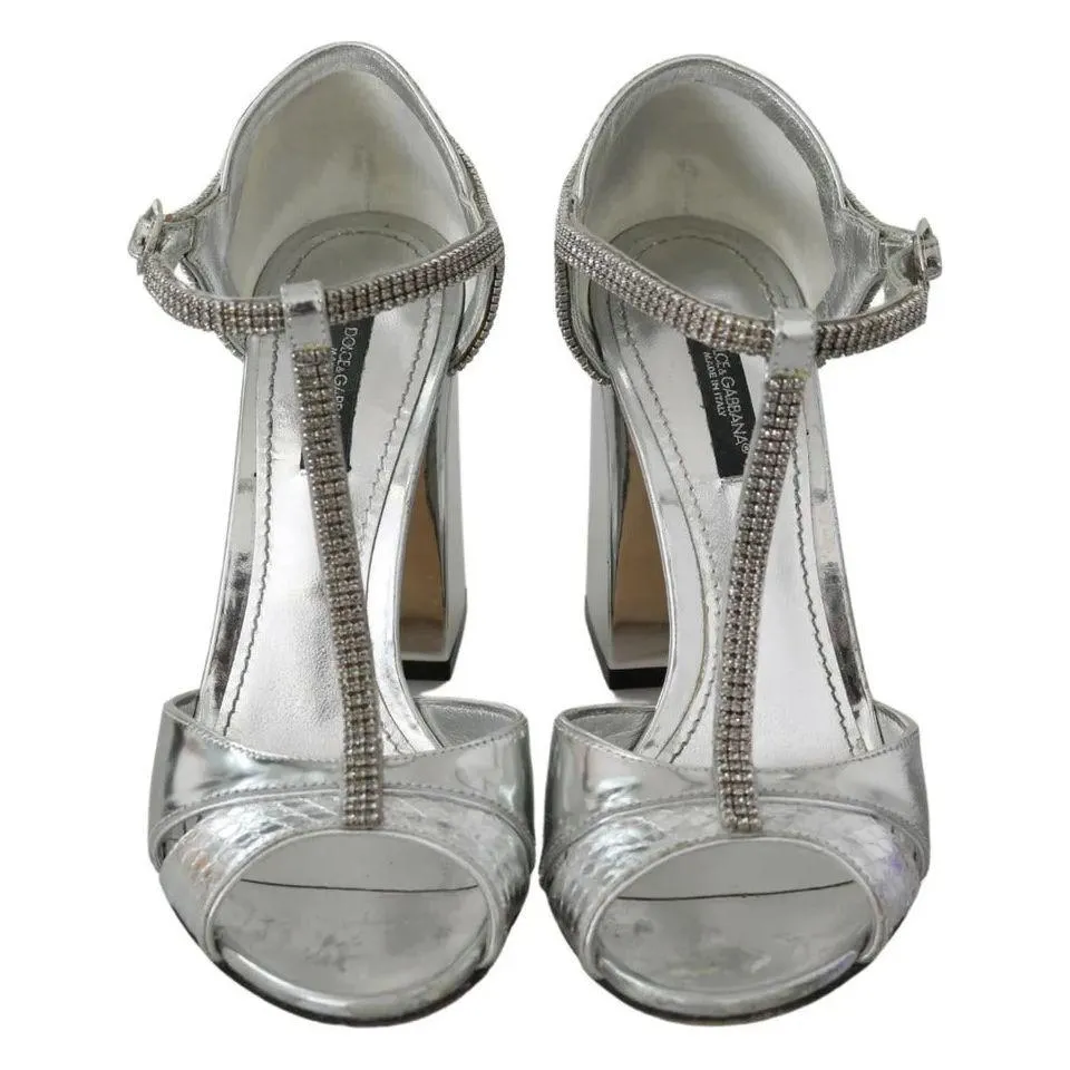 Dolce & Gabbana Silver Crystals T-strap Sandals Leather Shoes