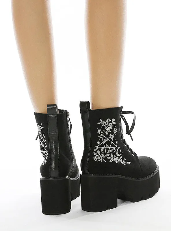 Embroidered Side Zipper Thick-soled Martin Boots