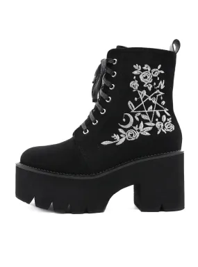 Embroidered Side Zipper Thick-soled Martin Boots