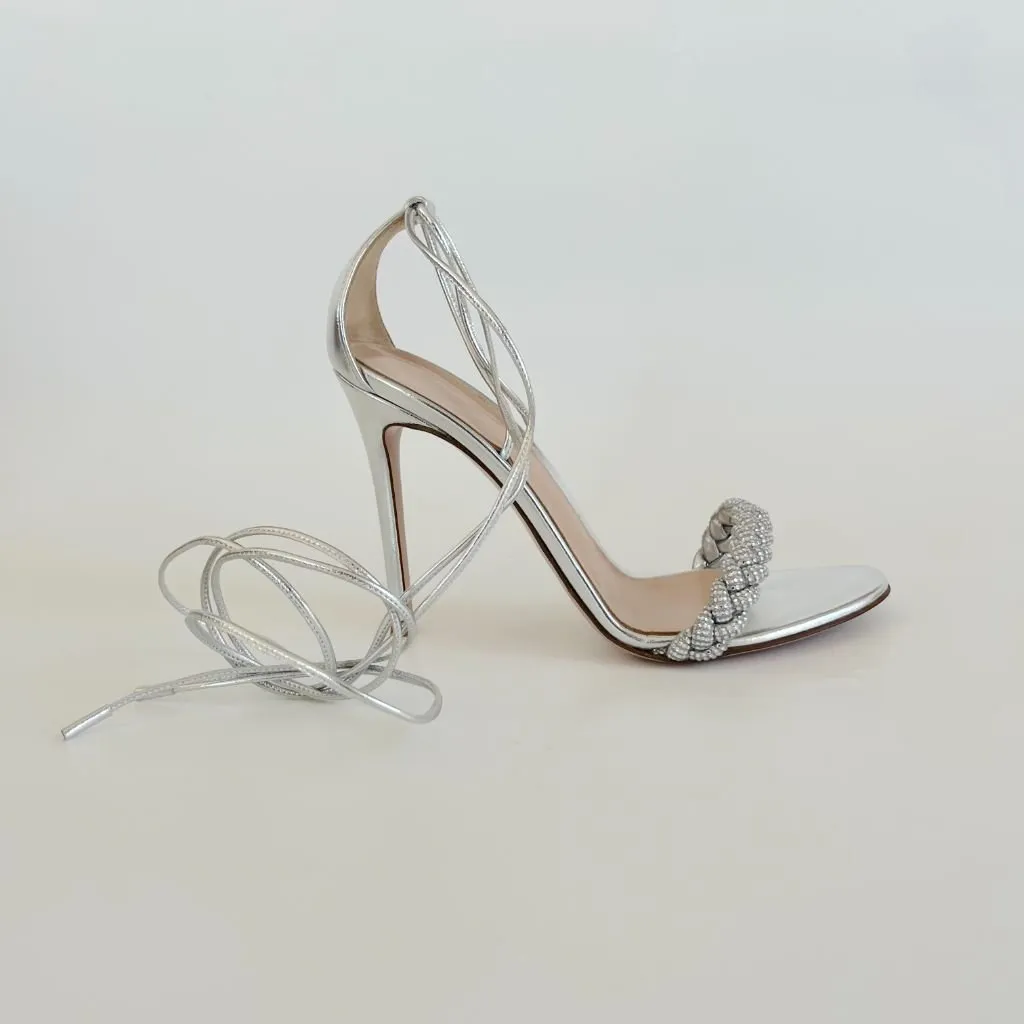 Gianvito Rossi Topea Crystal Braided Silver Leather Sandal Heels, 38