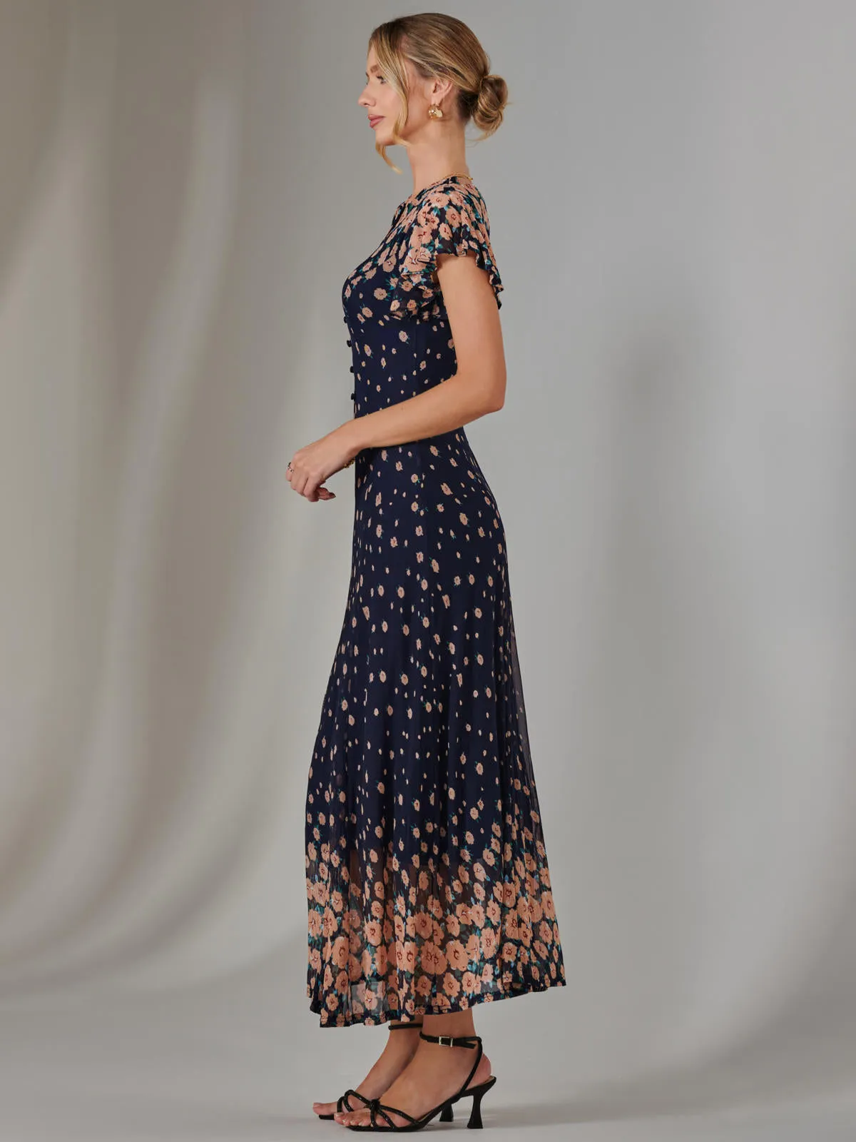 Gina Mirrored Print Mesh Maxi Dress, Navy Multi