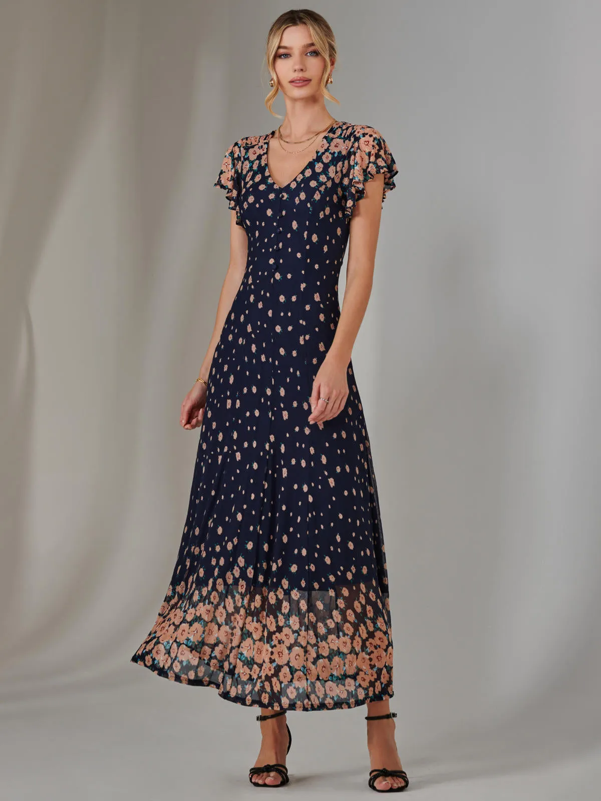 Gina Mirrored Print Mesh Maxi Dress, Navy Multi