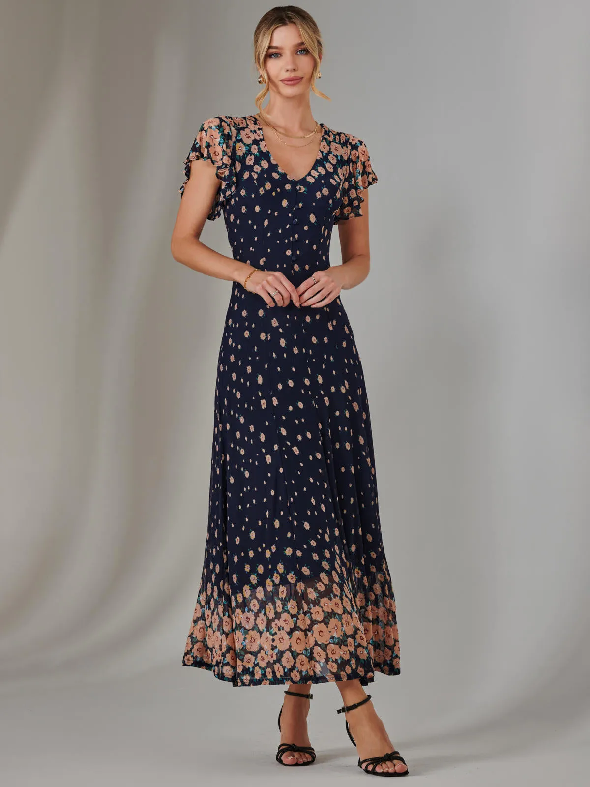 Gina Mirrored Print Mesh Maxi Dress, Navy Multi