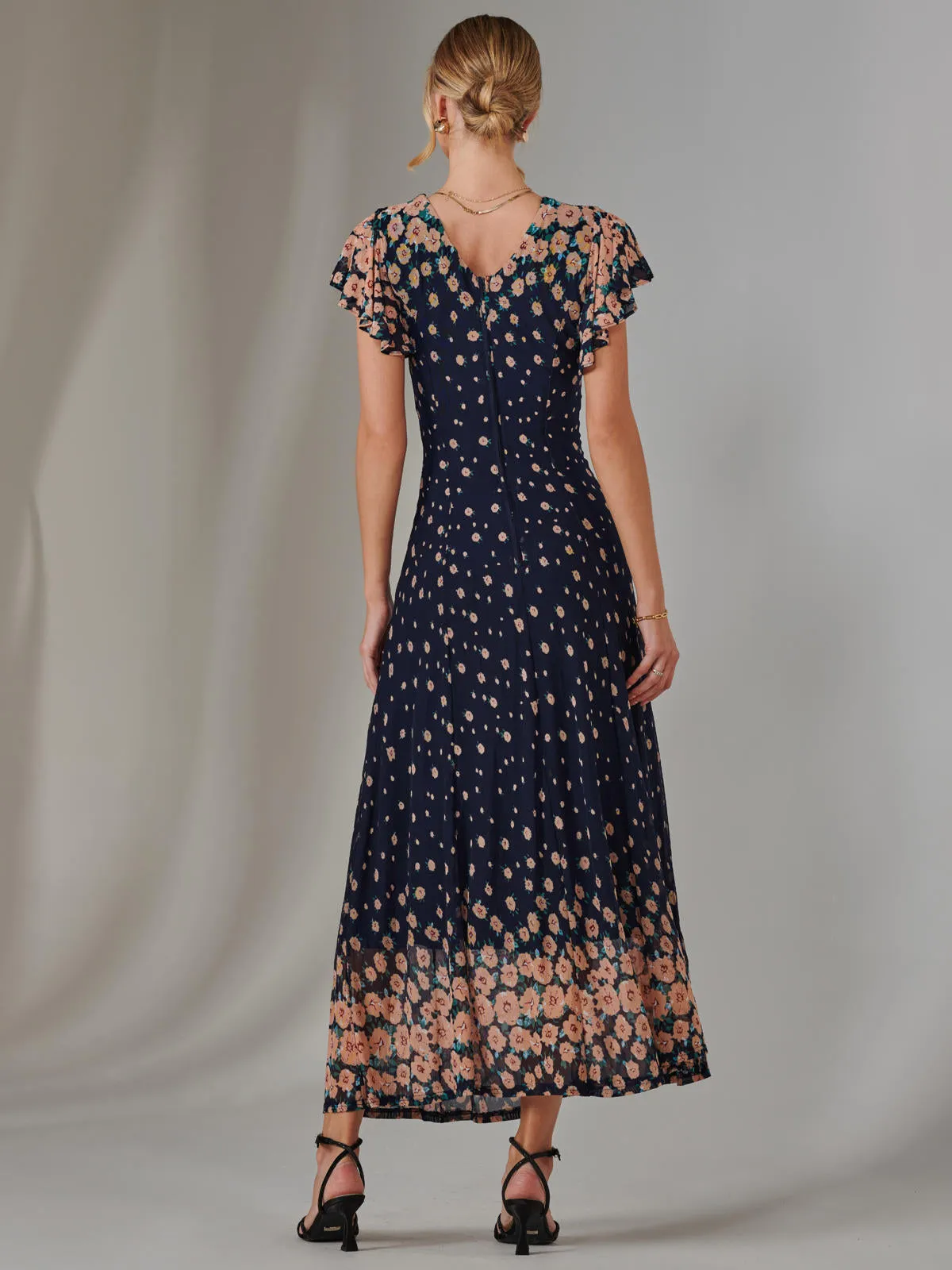 Gina Mirrored Print Mesh Maxi Dress, Navy Multi