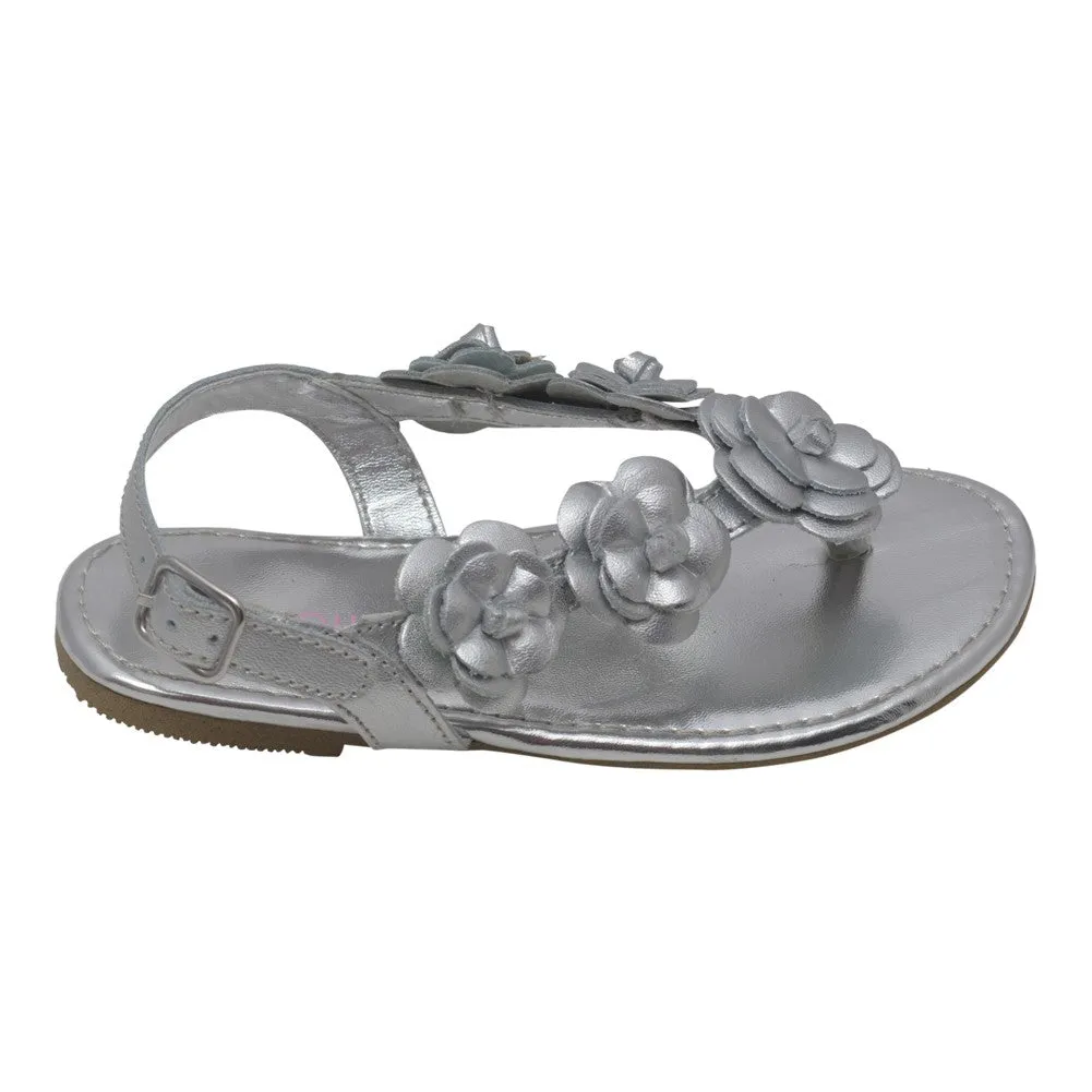 Girls Silver Flower Blossom Accent Buckle Thong Sandals 11-4 Kids