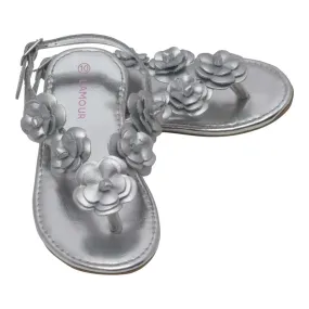 Girls Silver Flower Blossom Accent Buckle Thong Sandals 11-4 Kids