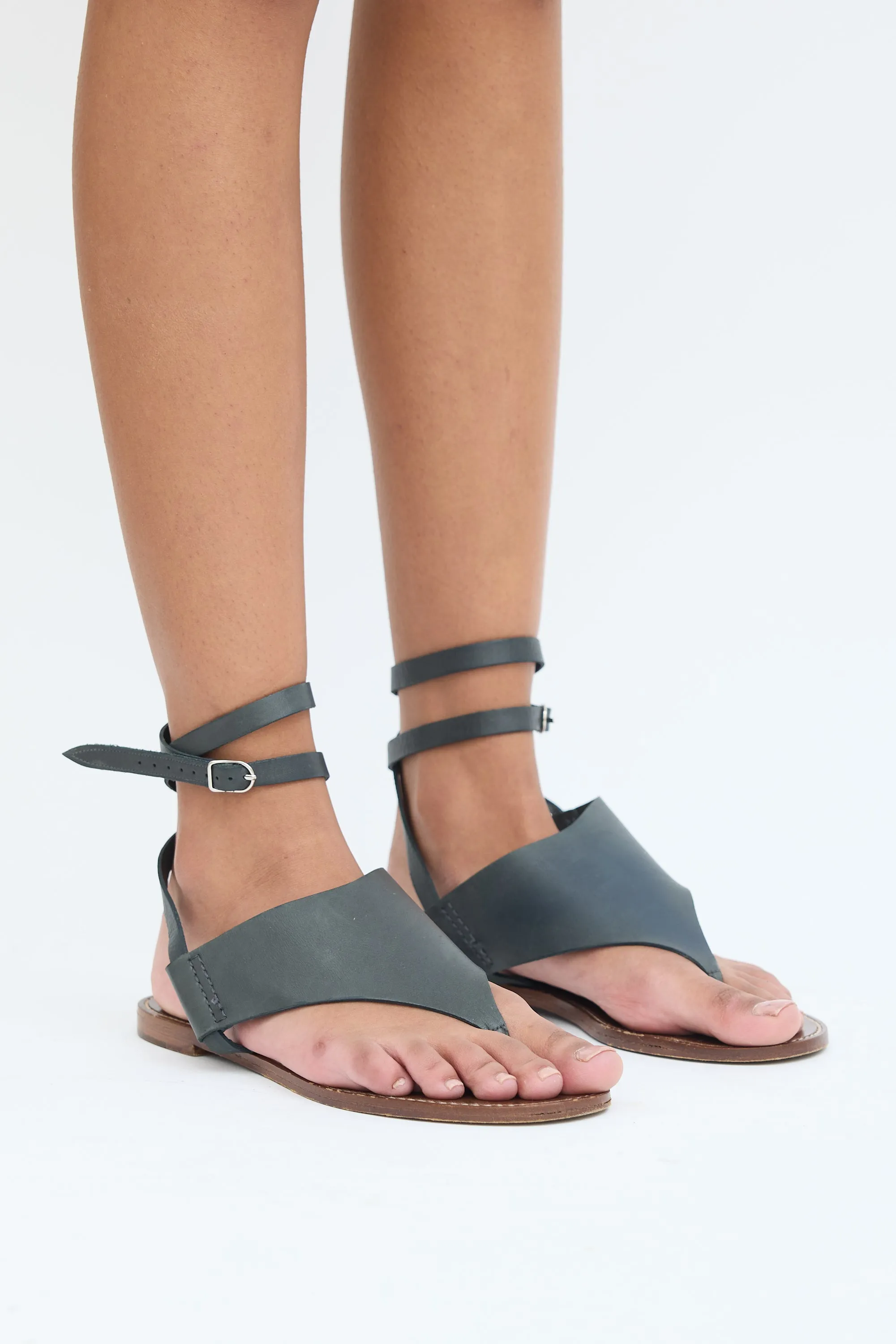 Grey & Brown Leather T-Strap Sandal