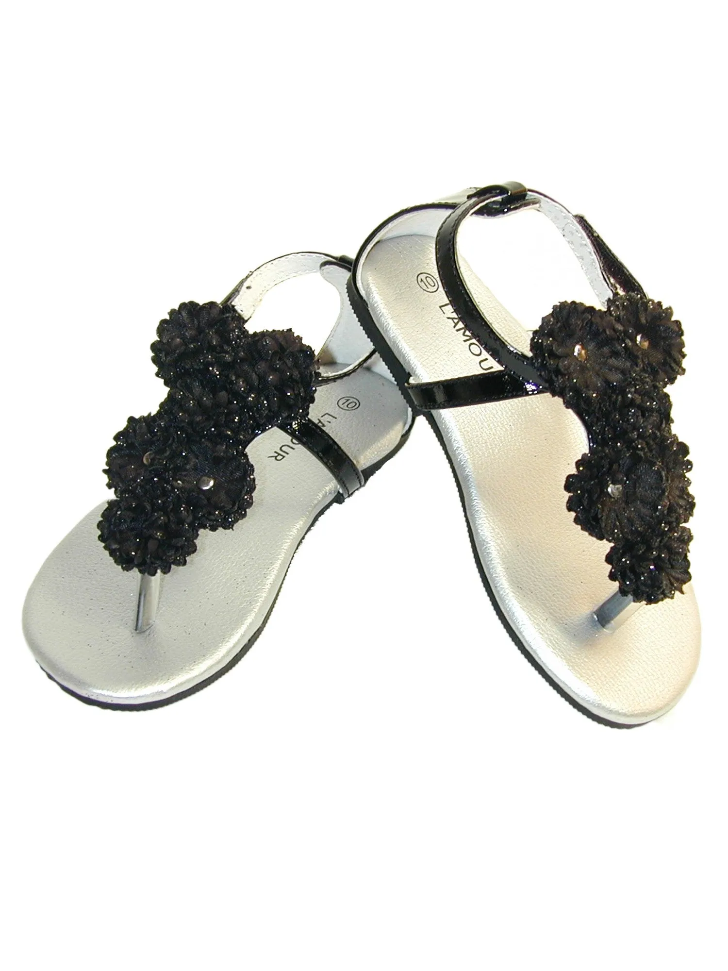 Little Girls Black Flower Array T-Strap Summer Sandals 7-10 Toddler