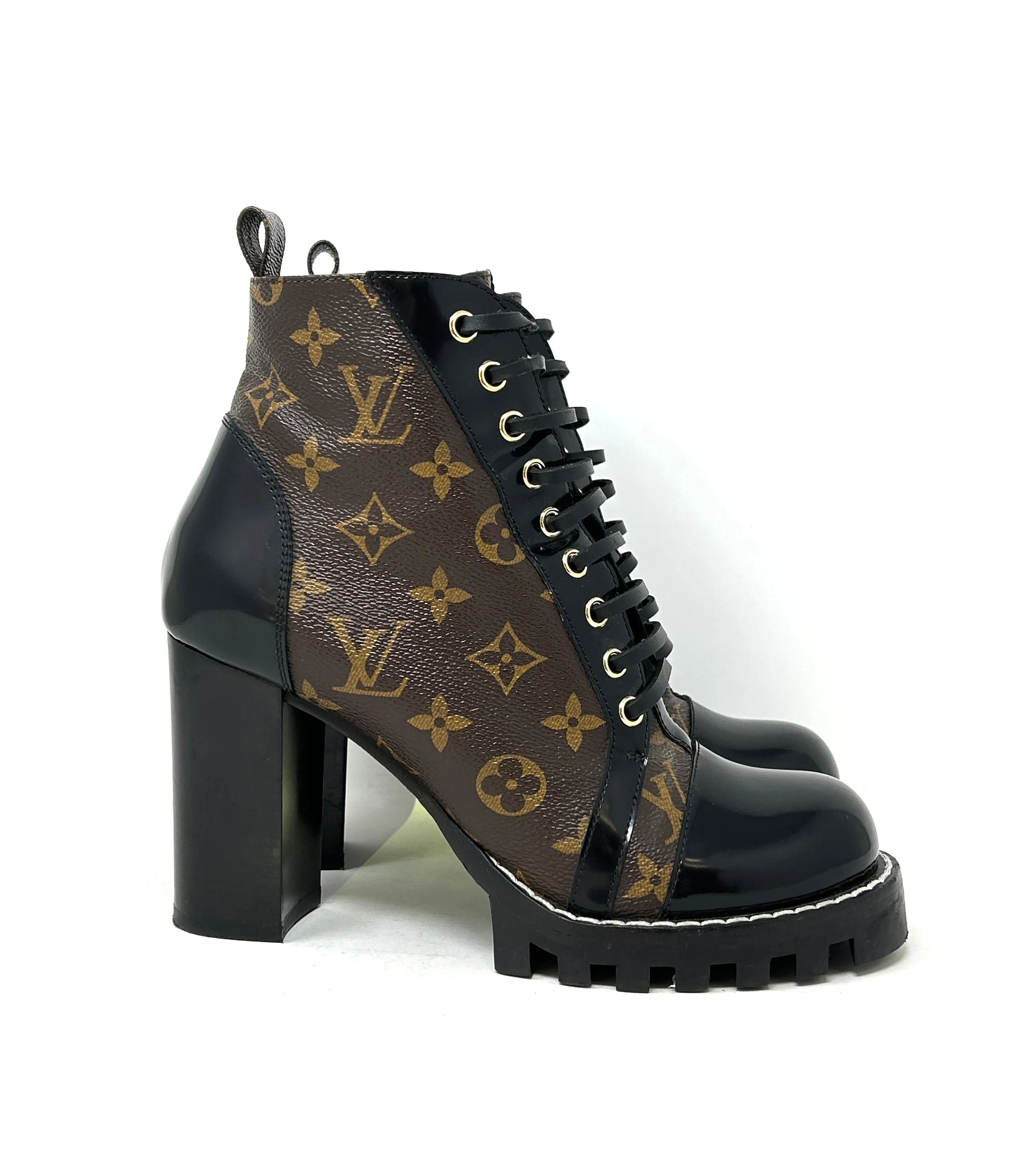 Louis Vuitton Star Trail Cacao Black Patent Monogram Lace Ankle Boots 39.5 UK 6.5