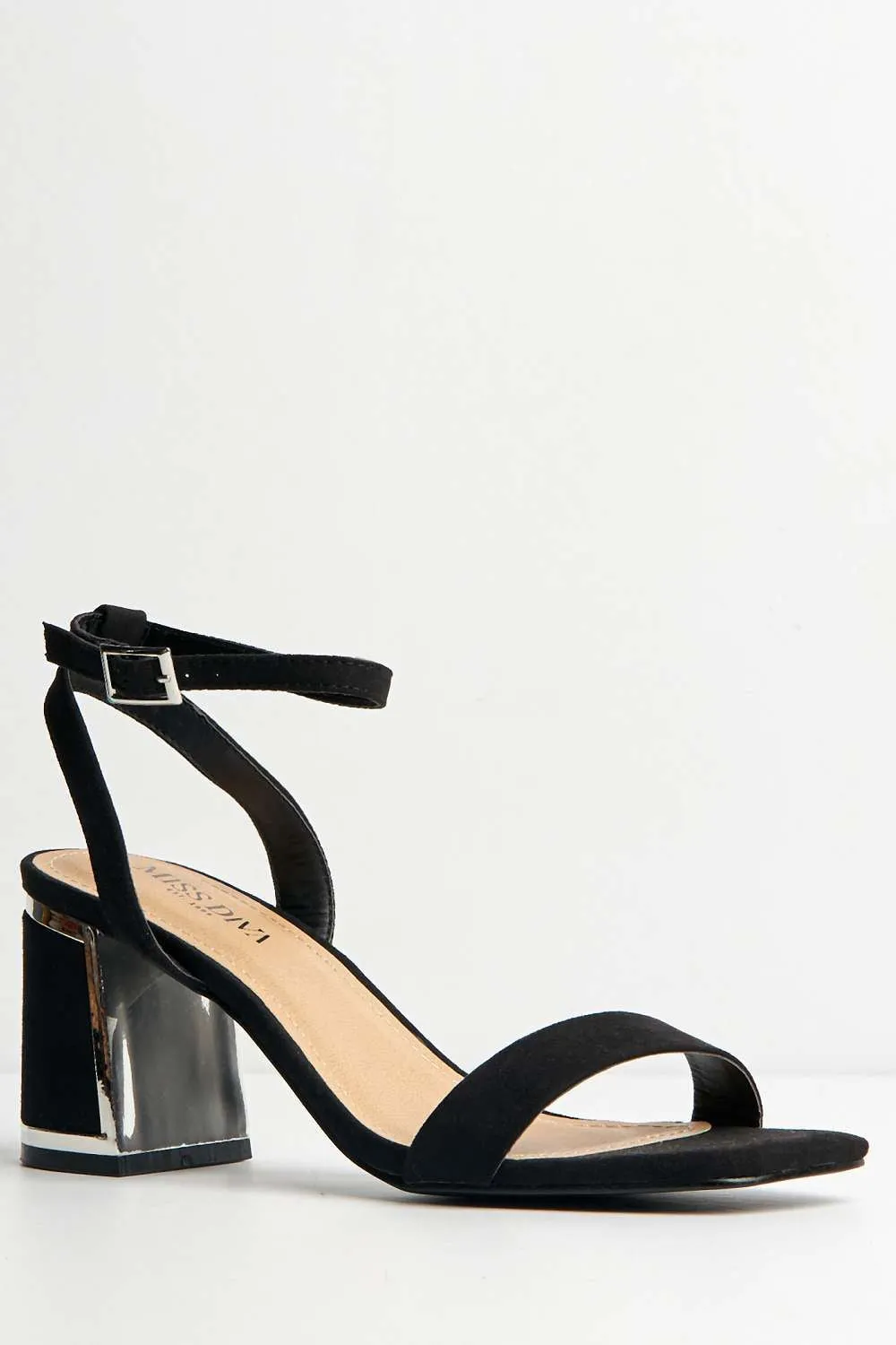 Nuvem Metallic Trim Block Heel Sandals in Black Suede