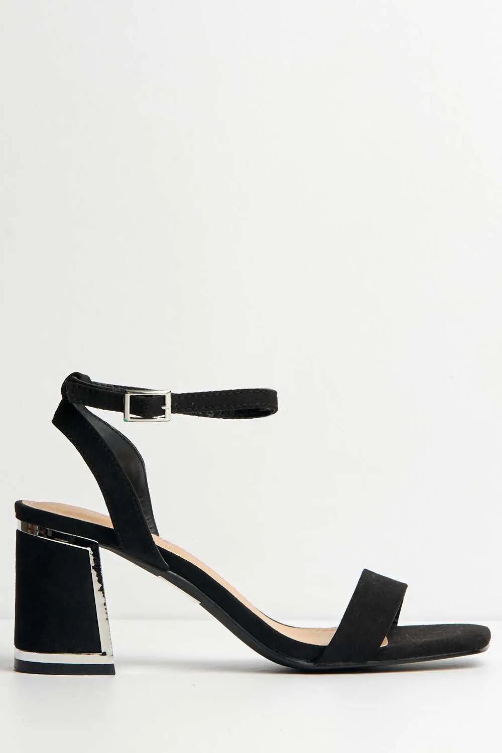 Nuvem Metallic Trim Block Heel Sandals in Black Suede