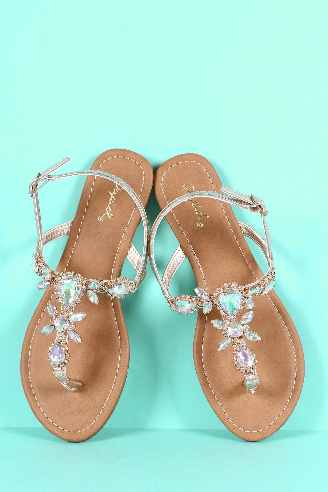 Qupid Jewels Embellished T-Strap Slingback Flat Sandal