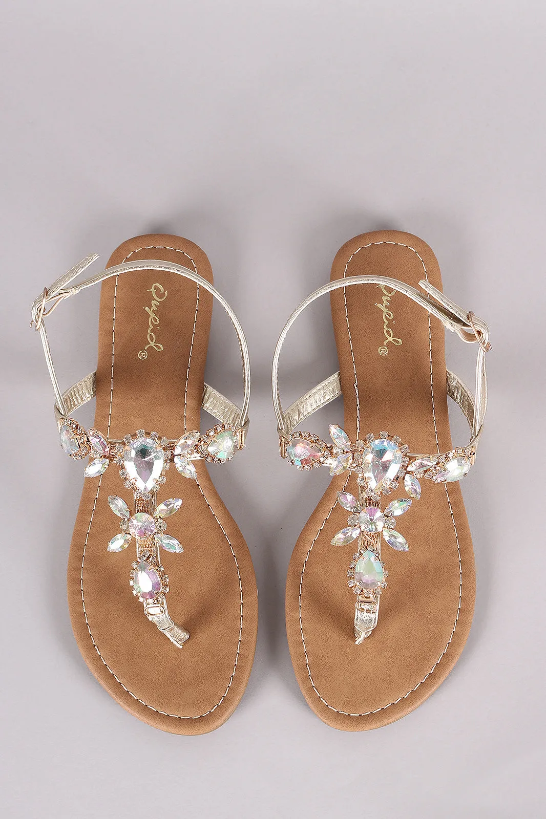 Qupid Jewels Embellished T-Strap Slingback Flat Sandal