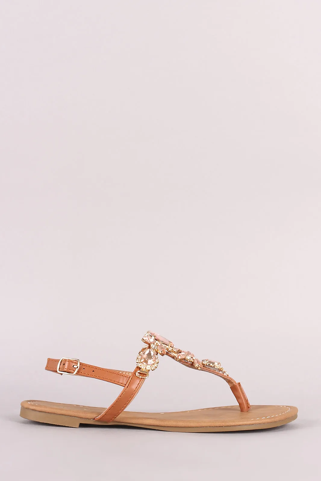 Qupid Jewels Embellished T-Strap Slingback Flat Sandal