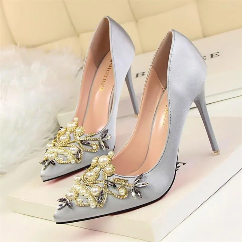 Rhinestone High Heels Pointed Toe Crystal Pearl Party ShoesPumps