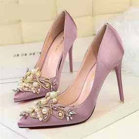 Rhinestone High Heels Pointed Toe Crystal Pearl Party ShoesPumps