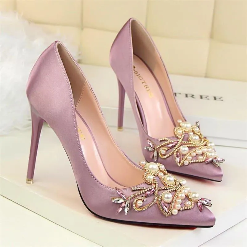 Rhinestone High Heels Pointed Toe Crystal Pearl Party ShoesPumps