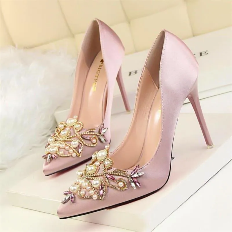 Rhinestone High Heels Pointed Toe Crystal Pearl Party ShoesPumps