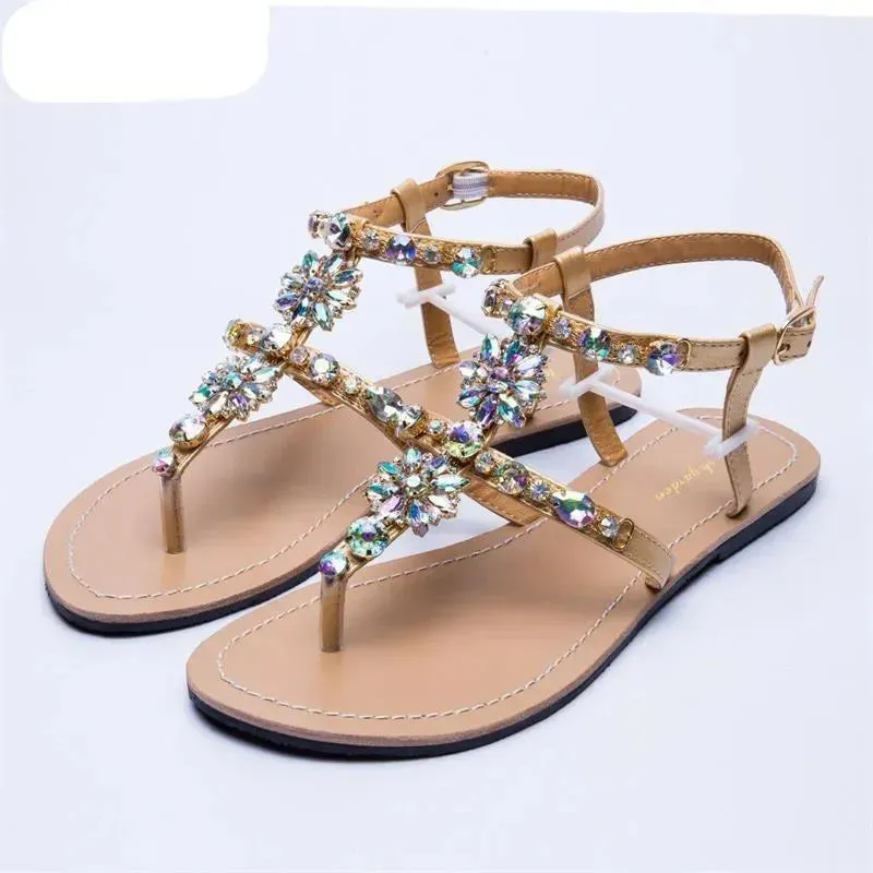 Rhinestones T-Strap Flat Sandals