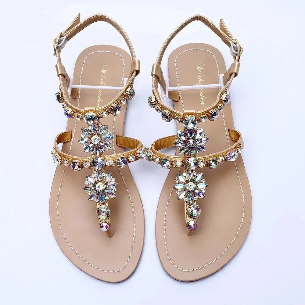 Rhinestones T-Strap Flat Sandals