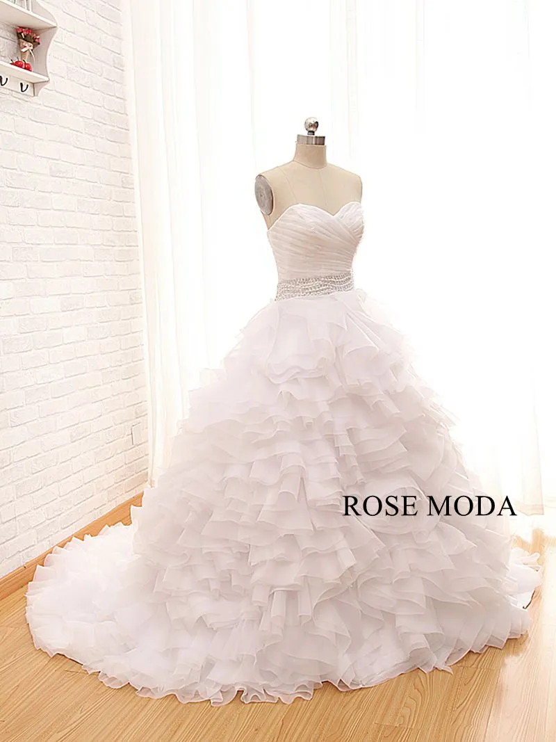 Rosemoda Ruched Organza Ball Gown Wedding Dress with Tiered Tufted Skirt and Delicate Beading Waist